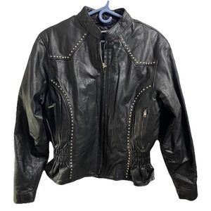 UNIK VTG Womens Black Leather Motorcycle Riding Jacket Studded Zip-out Liner XL